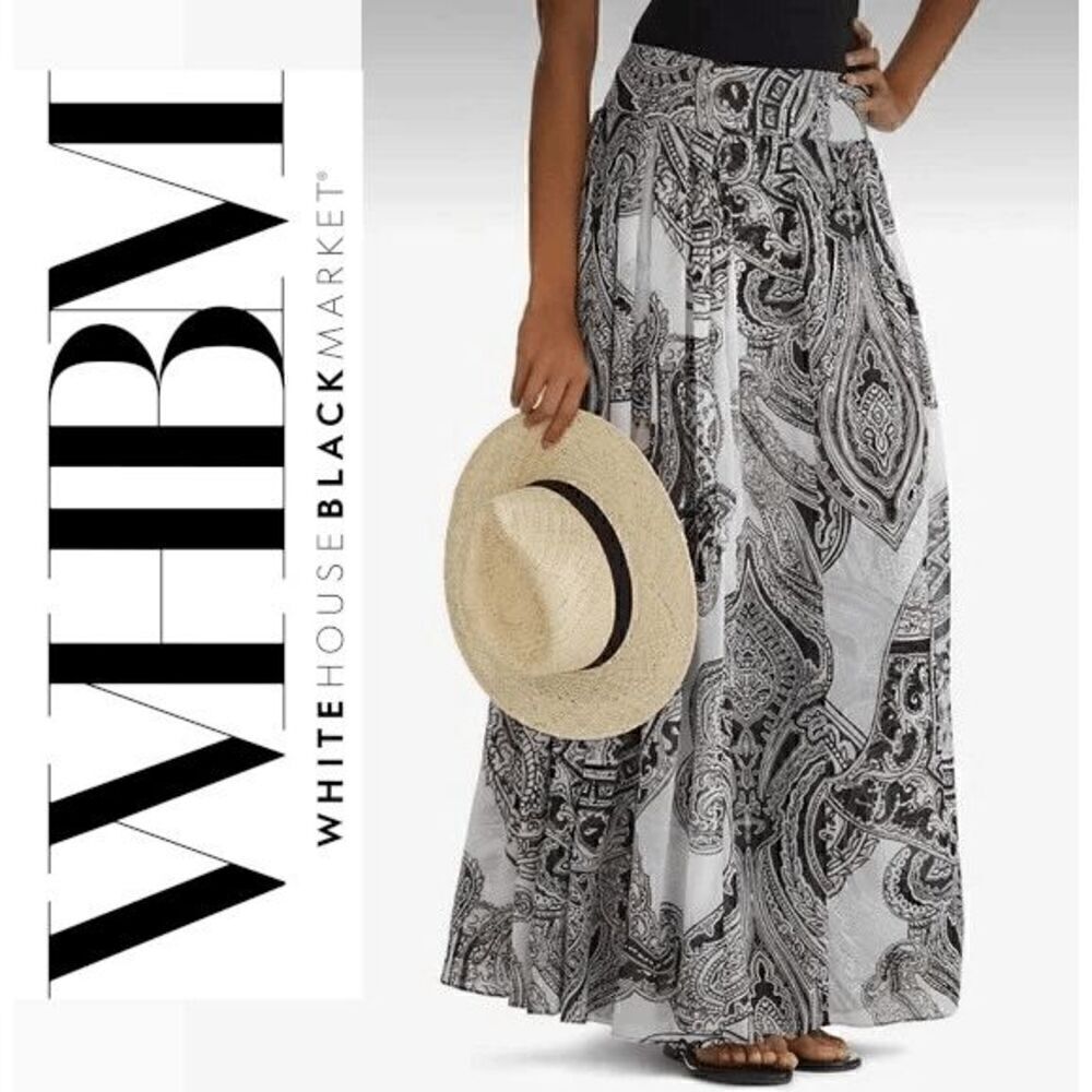 🖤🤍 WHITE HOUSE BLACK MARKET Paisley Black White Pleated Maxi Skirt SIZE S
